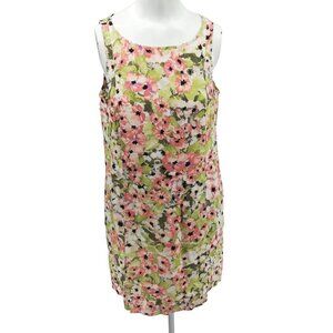 J Jill Love Linen Floral Watercolor Shift Dress Size XS Petite Pink Green Button